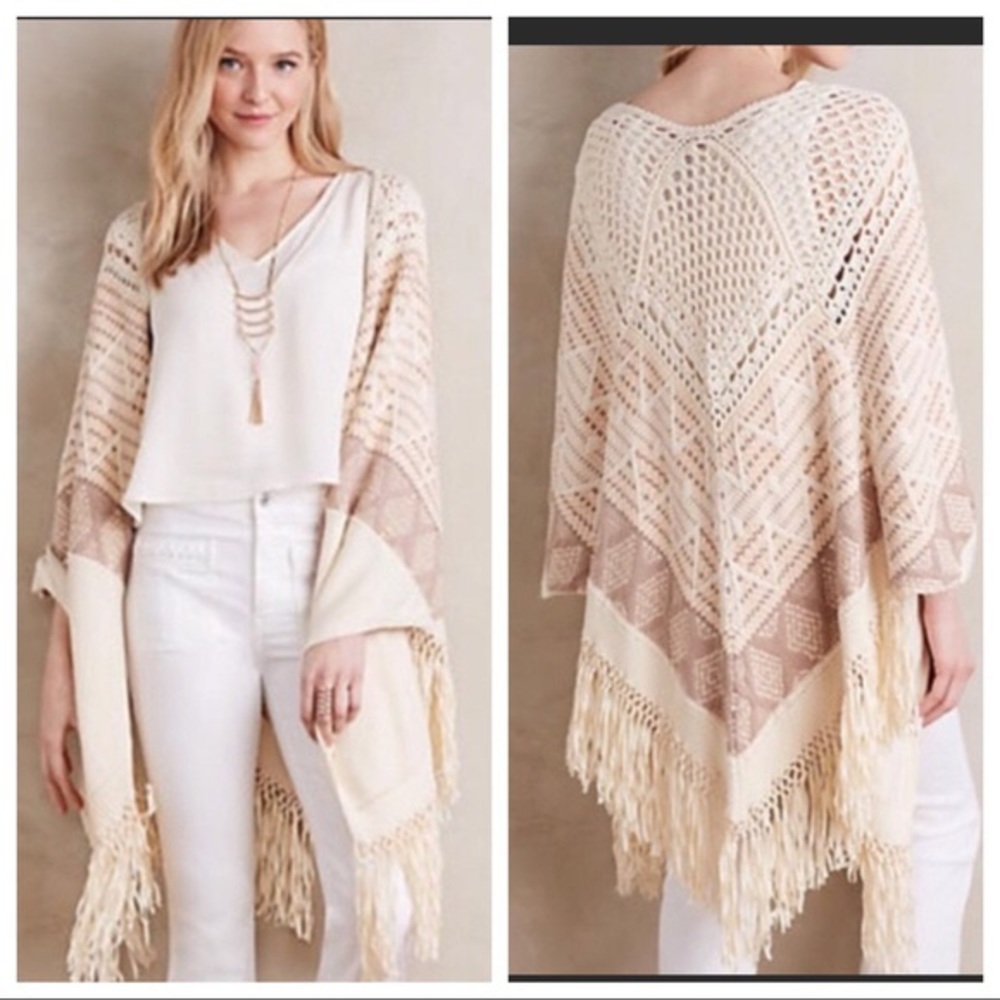 Anthropologie Moth Knit Crochet Shawl with Fringe